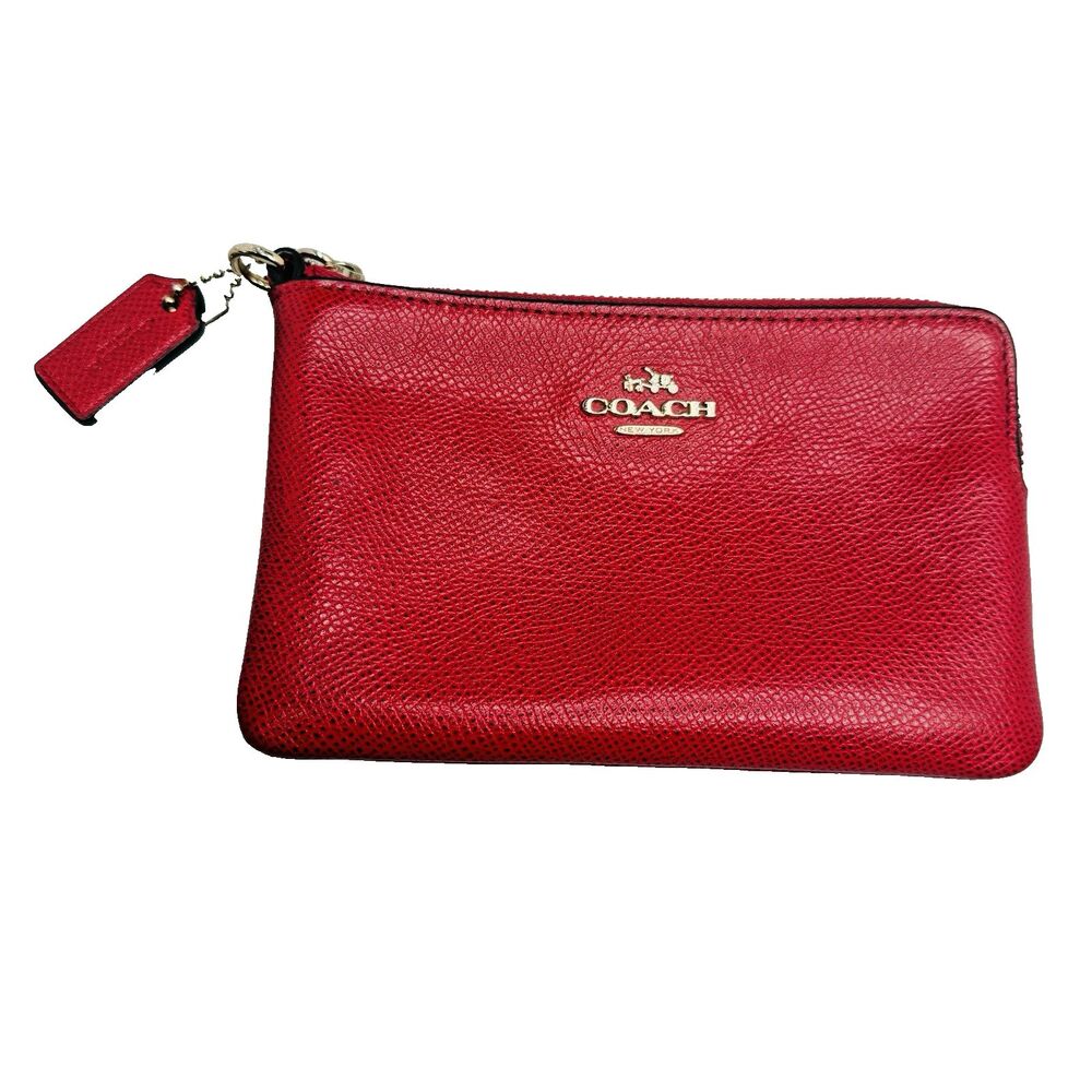 Coach Crossgrain Corner Zip Red Leather Wristlet F1405